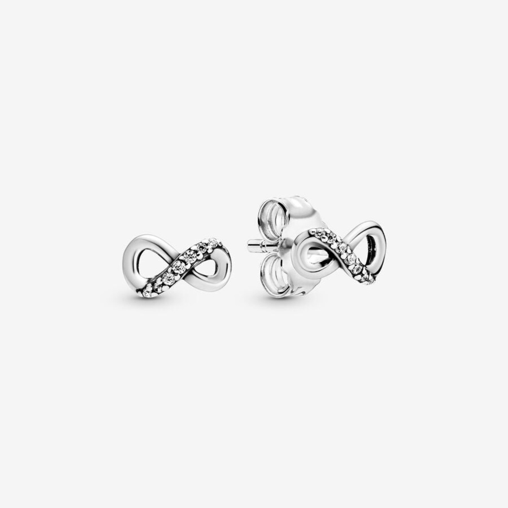 NWT Pandora Silver Infinity Stud Earrings, Silver and Crystal with Box, Gift Bag